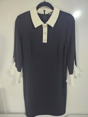 Karl Lagerfeld Black Dress with White Collar and Cuff Detail, Size 10